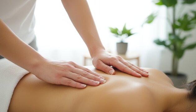 Close-up of a person receiving a relaxing back massage from a therapist, focusing on the hands and upper back in a serene setting.