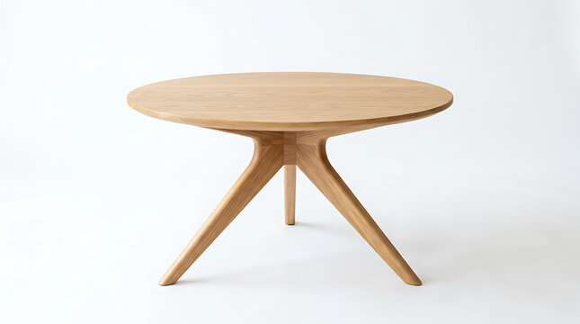 Round wooden table with a light wood finish and metal legs