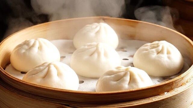 Steaming baozi in bamboo steamer baskets with rising steam