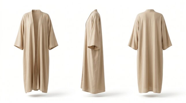 Beige Kimono Robe Shown from Front, Side, and Back Views on a White Background.