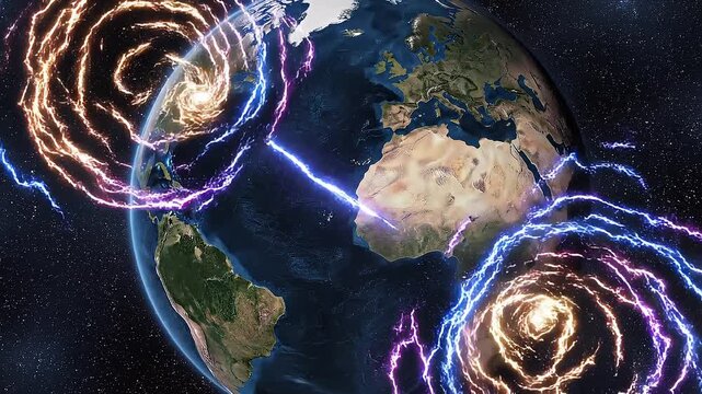 Aerial animation of earth's geomagnetic field lines glowing with vibrant purple and blue lights in space