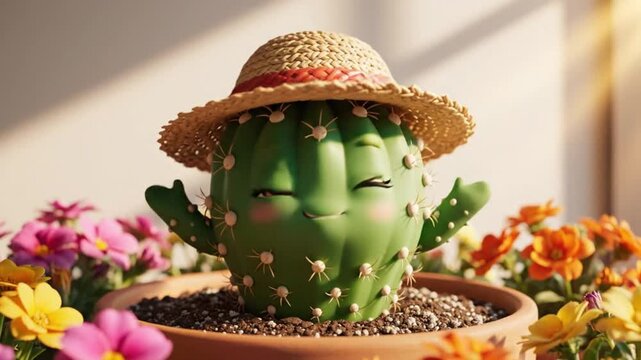 Cute smiling cactus character in pot with flowers on bright background cheerful