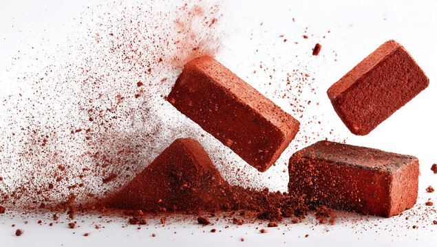flying pieces and powder of broken red brick on white background
