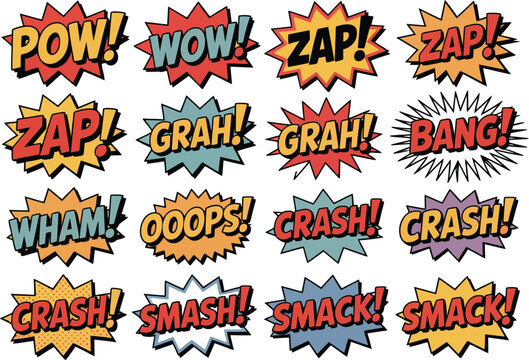 Comic book sound effects vector, illustration, colorful pop art typography with explosive speech bubbles and action words for dynamic comic and graphic design use.