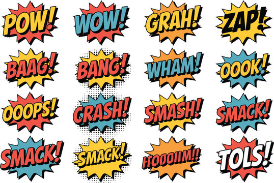 Comic book sound effects vector, illustration, bright cartoon speech bubbles featuring pow wow zap bang wham crash smack splash kaboom for pop art action design.