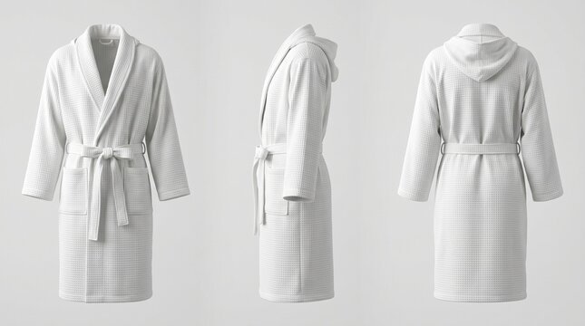 A white terry cloth hooded bathrobe shown from the front, side, and back against a neutral background.