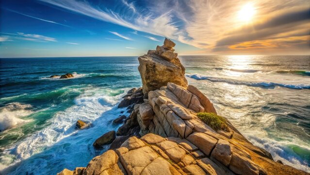 A photo of a jagged rock precariously perched atop another smooth rock at the edge of an ocean shore, with crashing waves and a horizon in the backgro