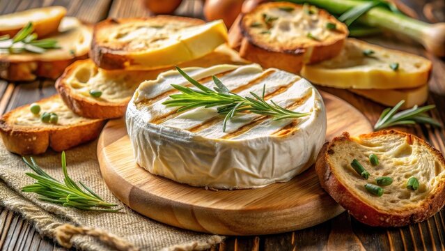 A realistic photo of Baked Camembert Cheese with Rosemary and Toasted Bread Slices