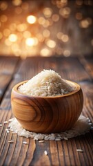 Fototapeta premium A photo of rice in a wooden bowl on a wooden background with subtle grain texture and natural light filtering through the scene