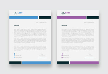 Obraz premium Corporate letterhead template design with blue and purple geometric color accents for professional business branding stationery layouts including headers and footers with contact information.