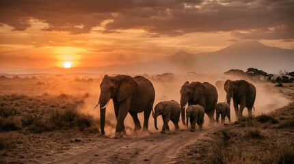Fototapeta premium A group of elephants walking across the savannah during sunset, capturing a warm and natural wildlife moment