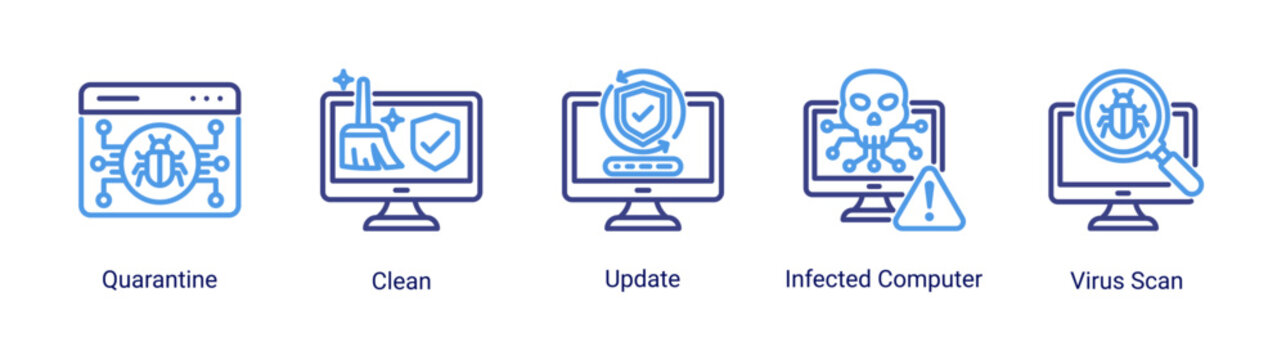 System cleaning icon set with quarantine,update and infected computer concepts.Perfect for antivirus maintenance and malware removal visuals.