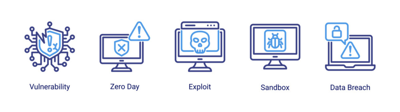 Vulnerability icon set featuring zero day,exploit and data breach.Ideal for cybersecurity analysis and threat detection concepts.