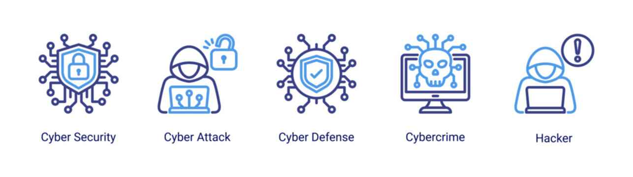 Cyber defense icon set featuring hacker,cyber attack and cybercrime concepts.Perfect for cybersecurity services and network protection visuals.