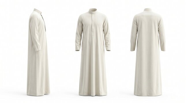 Three views of a traditional white thobe or kandura garment, showcasing its full length and design from the side, front, and back.