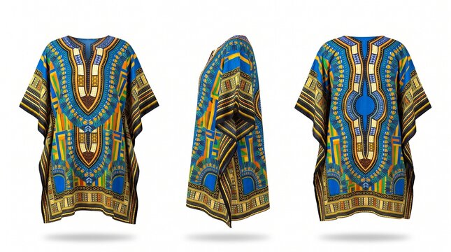 Three views of a colorful African dashiki shirt with traditional patterns, isolated on white background.