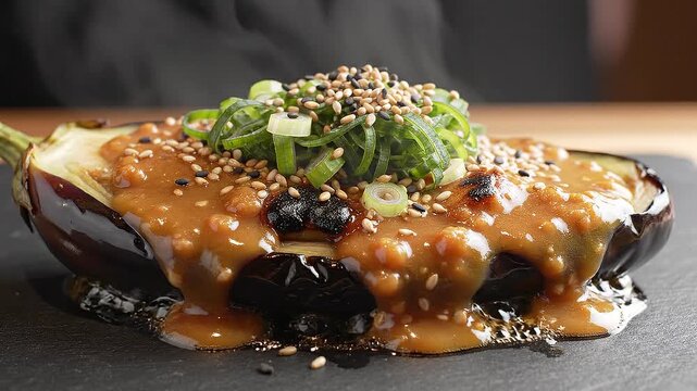 Miso glazed eggplant with sesame and scallions on black plate