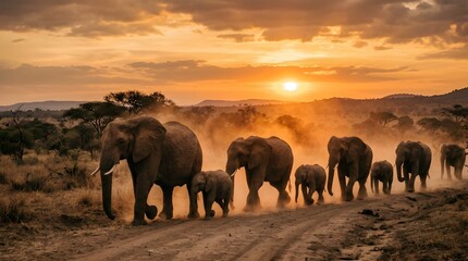 Fototapeta premium Elephant family walking together across dry land during sunset, symbolizing unity and strength in nature.