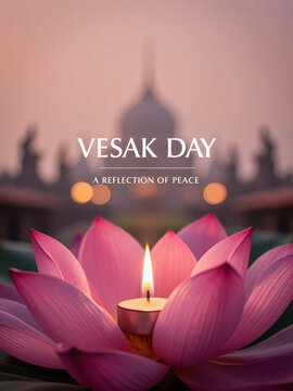 Vesak Day Greeting Card with Close-Up of Candle Lit Pink Lotus Flower and Monk Meditation Ceremony at Ancient Temple