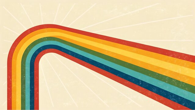 Minimalist 1970s graphic design with a vibrant rainbow curved stripe on a textured vintage paper background
