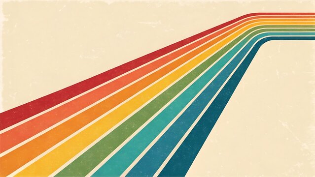 Minimalist 1970s graphic design featuring vibrant rainbow colored stripes moving diagonally on vintage paper