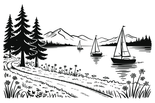 Summer lake landscape with pine trees, mountains, sailing boats and wildflowers.
