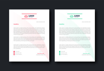 Obraz premium Elegant minimalist letterhead design with soft red and green gradient accents for creative studio business branding stationery including professional header and footer with contact details.