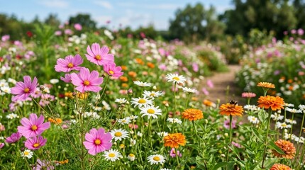 Fototapeta premium Vibrant Meadow Bursting with Colorful Wildflowers and a Bumblebee