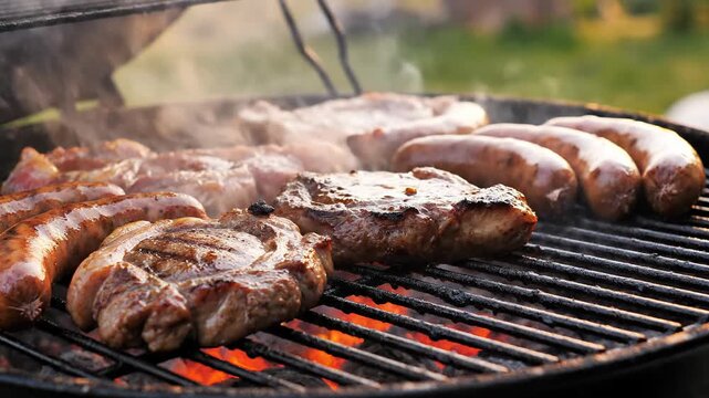 Grilled meat and sausage barbecue with flame seasonal menu for outdoor cooking enjoyment
