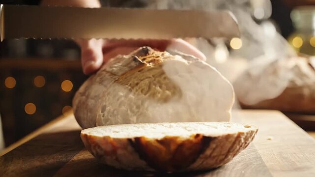 Fresh artisan bread sliced by hand on wooden board with warm bakery seasonal menu light