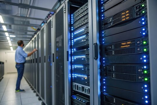Tech worker checks server racks in data center