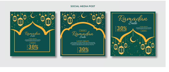 Set of three social media templates for ramadan sale with discount offers islamic lanterns stars and crescent moon for promotion and greeting. © Hasan 