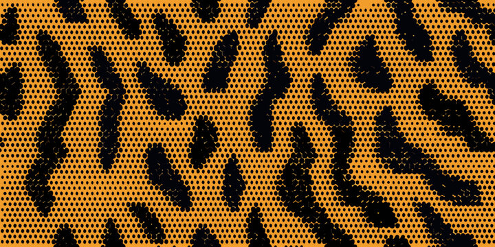 Abstract tiger stripes pattern with halftone dots on orange background
