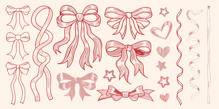 Collection of hand drawn bows ribbons and decorative elements in pink