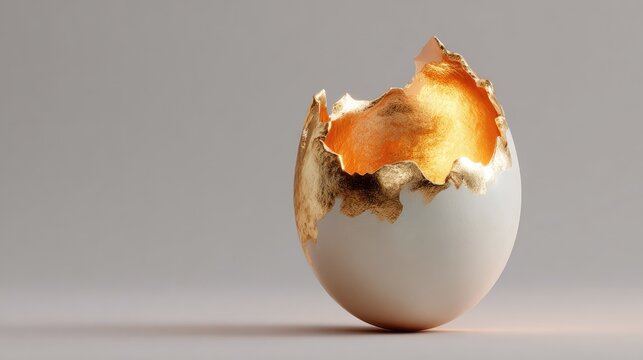Conceptual art of a white eggshell with a luxurious golden interior, symbolizing new beginnings, creativity, transformation, and the beauty of potential