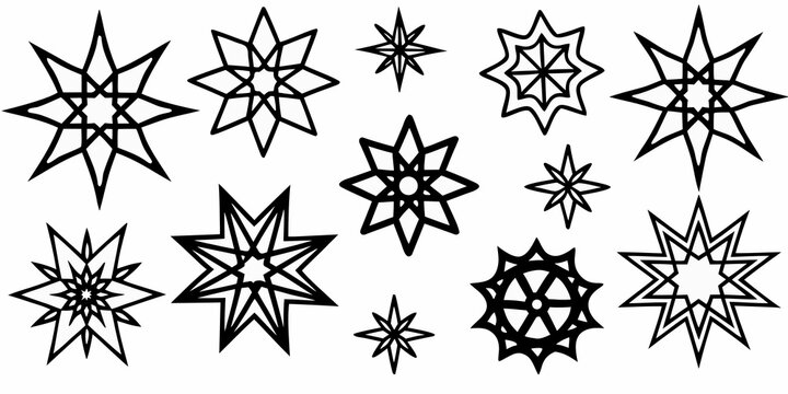Collection of diverse black and white star shaped outline illustrations