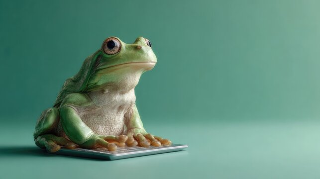 Creative Illustration of a Frog Typing on a Keyboard, Capturing Whimsy and Imagination in a Modern Digital Age Setting