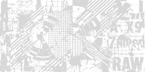 Gray grunge typography background: abstract letters collage geometric shapes texture paint splatter distressed modern urban design © STEAM