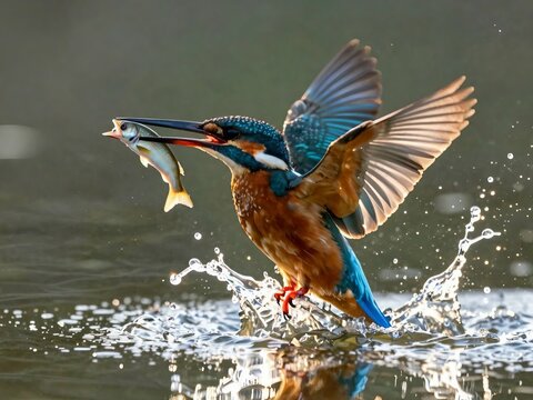 A great blue heron and a kingfisher in flight spread their colorful wings and feathers over the water as these wild birds showcase their wingspan and sharp beaks in a beautiful nature scene