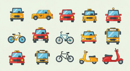 Collection of diverse vehicles including cars taxis bicycles and scooters. © Joko