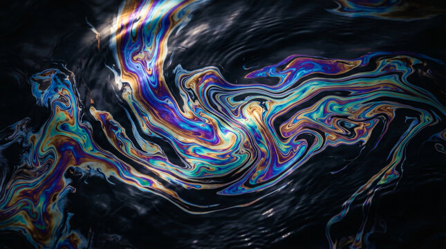 Colorful iridescent oil slick patterns swirling on a dark water surface