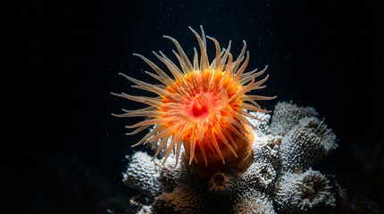 Fototapeta premium Vibrant orange sea anemone polyp glowing on white coral reef underwater