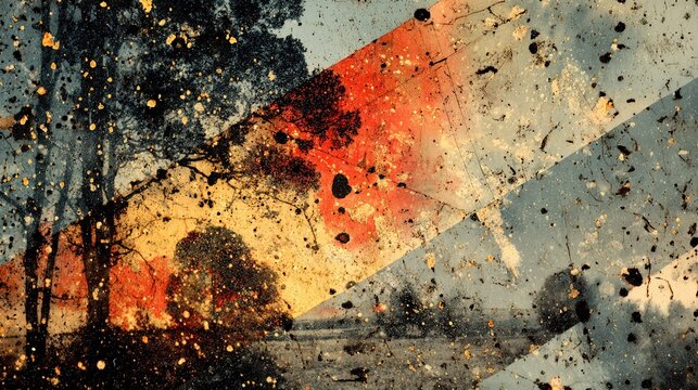Abstract grunge textured background with heavy scratches and dust specks, orange red glowing light elements contrasted by diagonal black bands, vintage damaged surface with dynamic light movement 