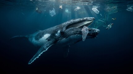 Fototapeta premium Humpback whales swimming underwater surrounded by ocean plastic pollution