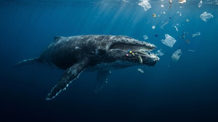 Humpback whale swimming underwater surrounded by ocean plastic pollution © Suparjo
