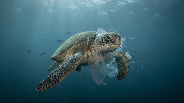 Sea turtle swimming underwater entangled in plastic pollution