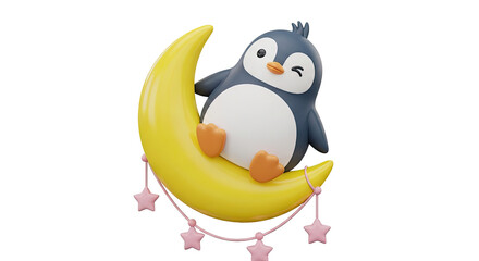Naklejka premium Cute cartoon penguin sitting on a crescent moon with star garland
