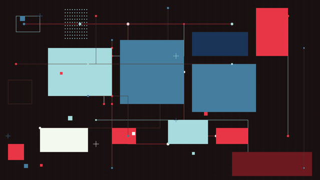 Abstract technology background with red and blue geometric rectangles and digital connectivity lines for corporate data visualization.