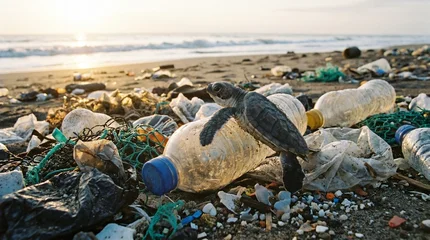 Fototapeten Schildkröte Sea turtle among plastic waste on polluted beach at sunrise  © Suparjo