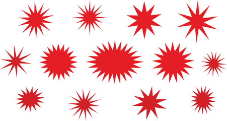 Red starburst explosion shapes collection for promotion badges and discount sale stickers on transparent backdrop. © Emongrapic